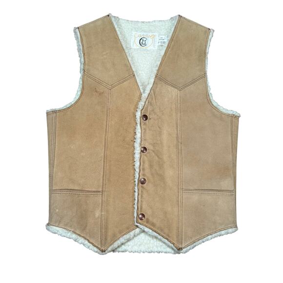 Vintage 70s Carroll USA Suede Leather Sherpa Vest Western Ranchwear Medium - Picture 1 of 8